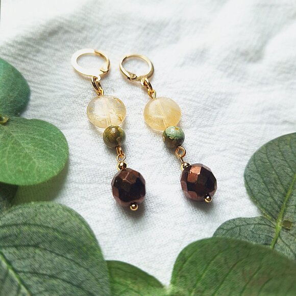 Boho Gold Jasper Earrings, Elegant Hippie Earrings, Soft Whimsigoth Earrings, - Picture 5 of 7